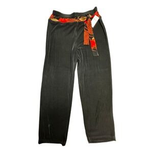 Coldwater Creek Pants Womens PL Black Wide Leg Hibiscus Floral Belt Pull On